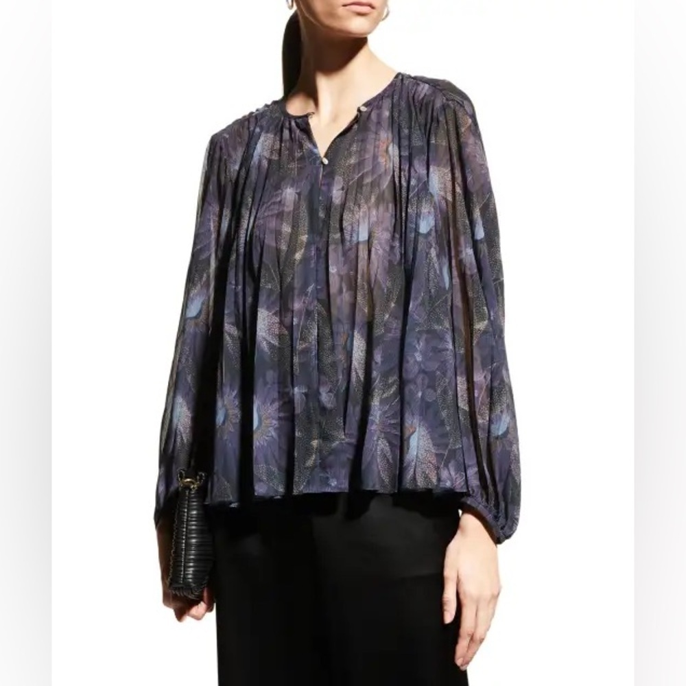 Vince Deco Floral Midnight Blue Multi Floral Pleated Long Sleeve Blouse EUC XS